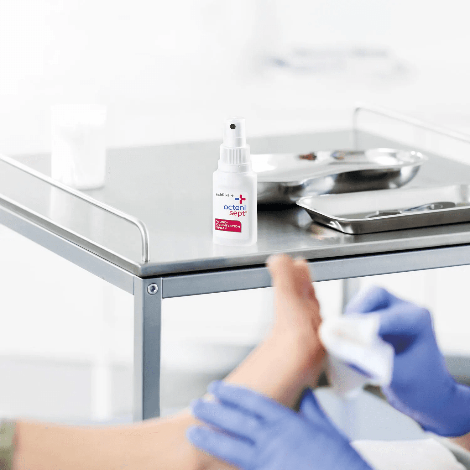 octenisept spray on a clinical instrument trolley